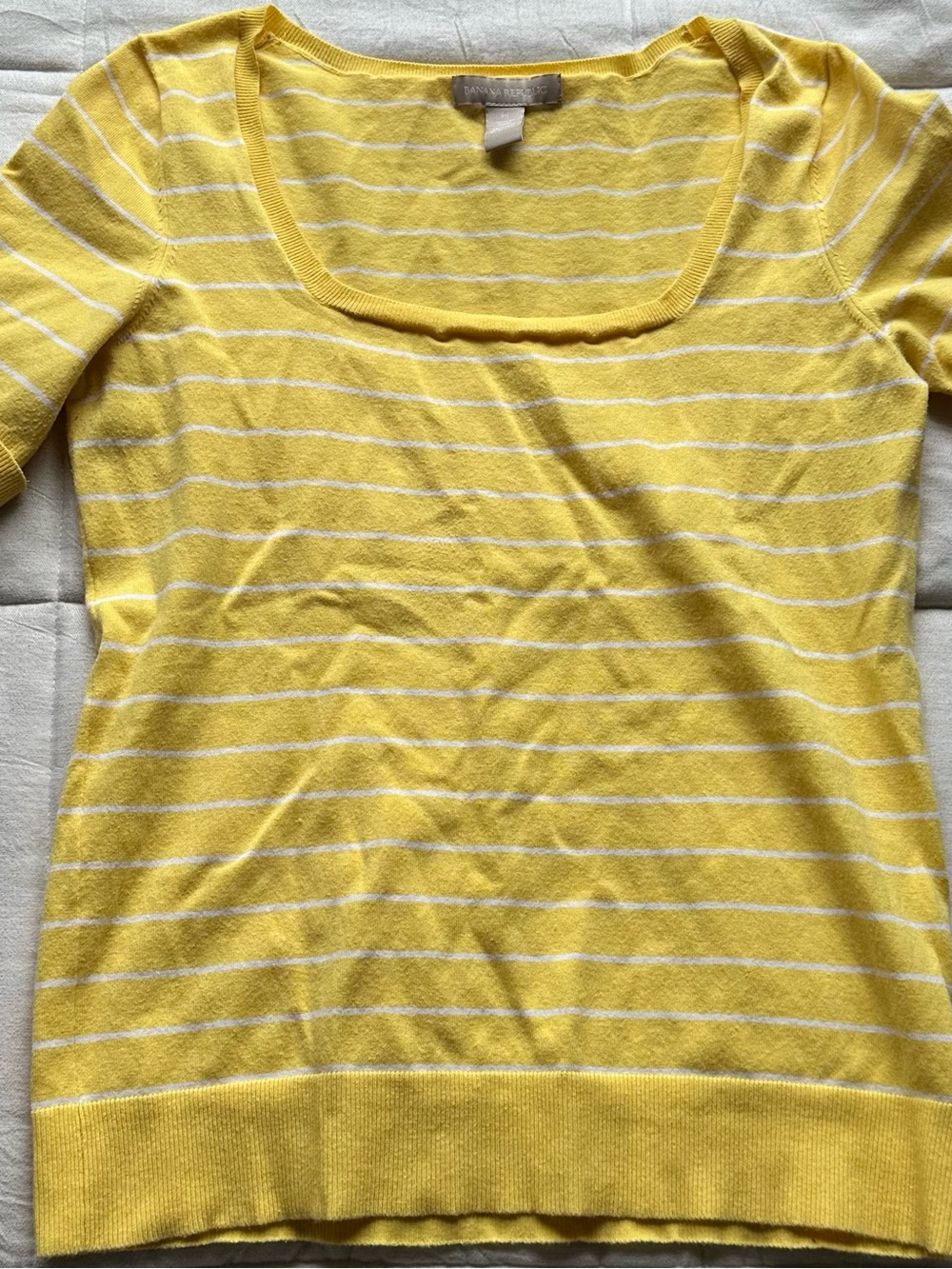 Banana Republic Yellow and White Striped Short Sleeve Sweater Top
